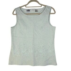 Edward 100% Irish Linen Sleeveless Top Sage Green Sequin Embroidered Hem Large